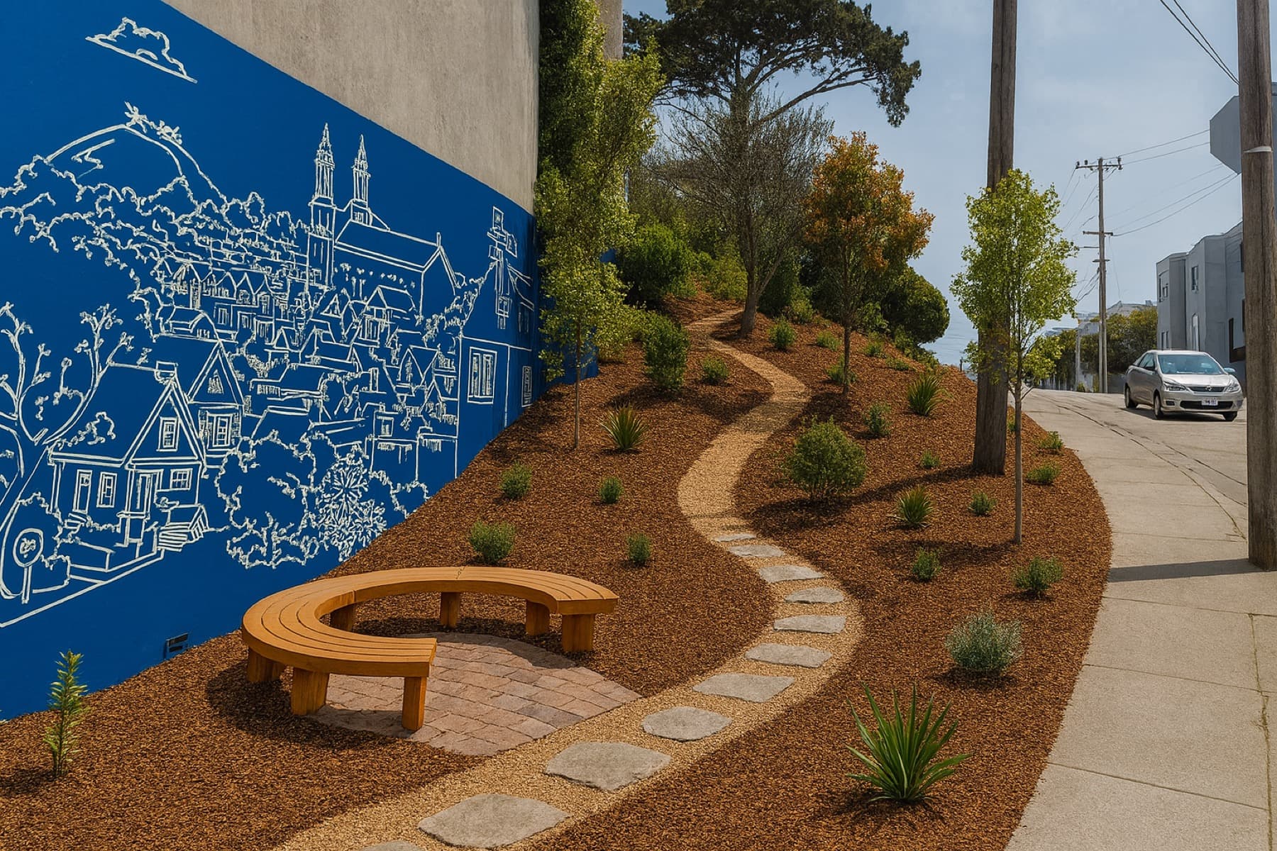 A vision mockup showing a mural, planting, path, and seating along Lyell Hill.
